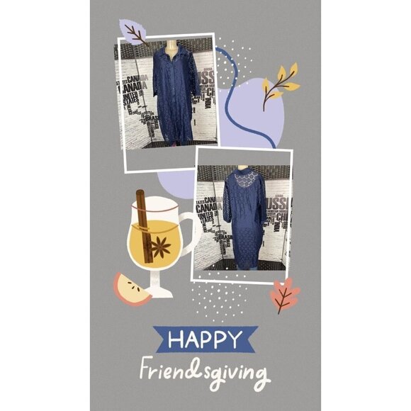 Woman Within 2 PC 2X Navy Perforated Lace Button Collar 3/4 Sleeve Shirt Dress - Picture 1 of 6